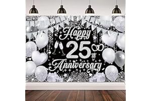 FUPOLARA 25th Wedding Anniversary Banner Backdrop - Black Silver Happy 25th Anniversary Decorations, Silver Wedding Anniversary Party Photo Background Decoration Supplies(180x120 cm)