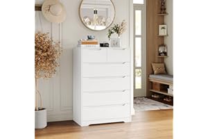 HOCSOK Cassettiera a 6 Cassetti, Comò Camera da Letto, Cassettiera Salvaspazio in Legno, Moderna Mobiletto Multiuso per Soggiorno Sala da Pranzo Corridoio, Bianco, 110.5 x 70 x 40 cm