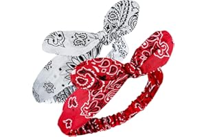 HICARER 2 Pieces Bandana Headband for Women, Knot Retro Print Bandana Paisley Print Headband Adjustable Headwrap(Red, White)