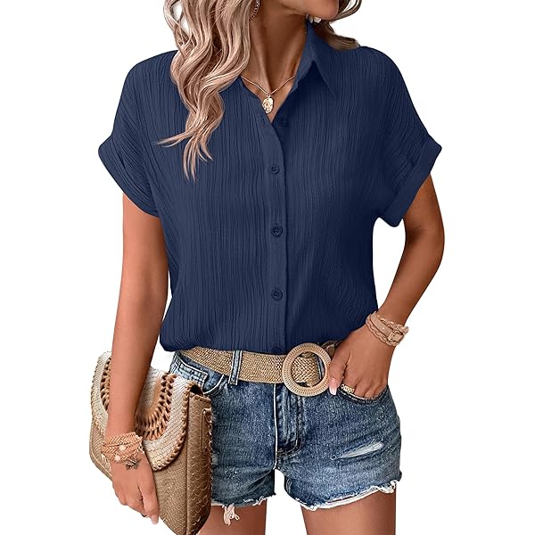 Zeagoo Blouse dames korte mouwen hemdblouse business hemd V-hals blouses elegant bovenstuk met knopen satijn overhemden casual shirt S-XXL, Kaki, M