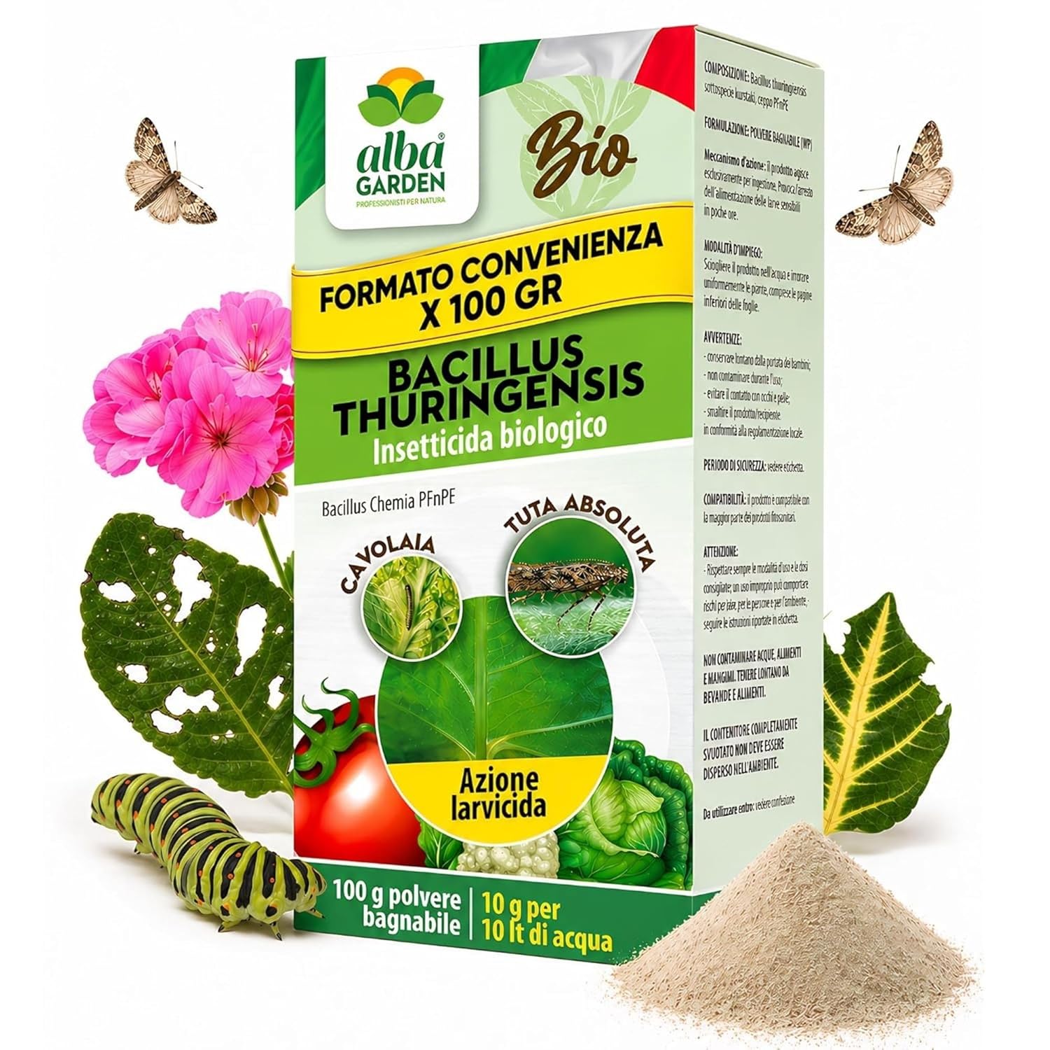 Albagarden Bacillus Thuringiensis Kurstaki MAXI 100g Insetticida Biologico | Per piante Contro le Larve dei Parassiti e Insetti dell'orto e Giardino - Larvicida in Polvere Bagnabile