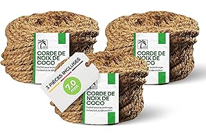 Humusziegel - Remplacement de Corde de Noix de Coco pour Poteau à gratter avec pièce de Rechange - 7 mm, 3 x 50 m - Fibre Naturelle Non Teinte - Utilisable comme Corde de sisal, Attaches d'arbre