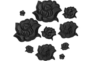 COMNICO - 10 pièces de patchs thermocollants noirs en forme de rose pour vêtements, réparation de tissu, couture, broderie, patchs de fleurs avec 5 tailles, patchs appliques cool pour veste, jeans