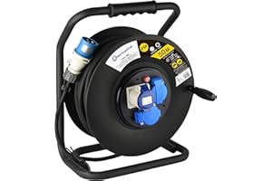 Electraline 49058 Prolunga in Gomma 3G1.5 mm² con Avvolgicavo, 2 Prese Industriali IEC e 1 Schuko Spina a 3 Poli Adatto per Camper, Campeggio, Caravan, Barca, Cantiere, Nero, 50 m