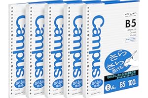 Kokuyo Campus Loose Leaf Paper for Binders, Sarasara Smooth Writing, B5, B 6mm Ruled, 26 Holes, 36 Lines, 100 Sheets, pH Neutral, Bleed Resistant, 75gsm, Pack of 5, Japan Import (NO-836BN)