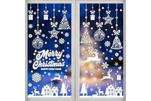 TOEKSIX 195 PCS Christmas Window Stickers, 9 Sheets Double Sided Christmas Window Decorations PVC Static Snowflake Reindeer Window Stickers White for Xmas Window Decorations