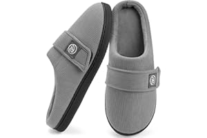 WOSTOCK Zapatillas Casa Mujer con Espuma Viscoelástica y Plantillas Antideslizantes, Suaves y con Velcro,Parte Superior de Pana,Cómodas Zapatillas Mujer Casa de pelo Corto,en Negro y Gris