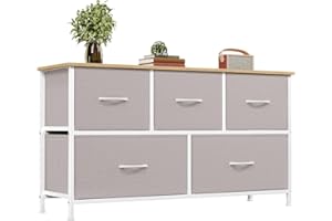 Somdot Chest of Drawers with 5 Drawers, Wide Storage Organiser Fabric Dresser for Living Room TV Stand Bedroom Closet Nursery Bedside Entryway Hallway, Ash Grey