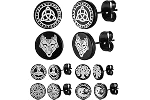 FaithHeart 6 Pairs Punk Style Viking Earrings Men Studs Stainless Steel Norse Earring Black Stud Cool Earrings for Boys