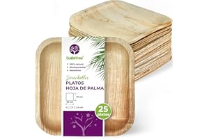 GoBeTree Platos Desechables de Hoja de Palma 25 Platos Cuadrados de 20 cm. Vajilla para barbacoas, picnic y Fiesta de cumpleaños, Similar al bambú, más fuerte que platos de papel