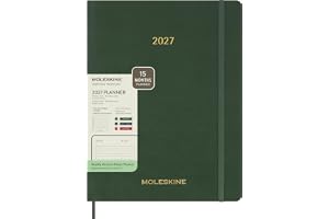 Moleskine Pionowy kalendarz tygodniowy na lata 2026-2027, Essential 15-miesięczny planer z codziennymi okienkami czasowymi i elastyczną okładką, format XXL 23,5 x 28,14 cm, zielony mirtowy