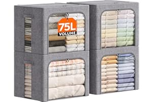Lifewit Pojemniki na ubrania z metalową ramą, składane pojemniki do przechowywania z pokrywami, 75-litrowe torby, organizer z przezroczystym okienkiem＆ zamki błyskawiczne＆ trwałe uchwyty 4 szt.