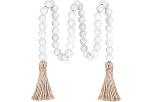 Meplait 39in Wood Bead Garland with Tassels, Farmhouse Rustic Decor Prayer Beads Boho Tassel Garland Wall Hanging Home Decor (Wash White)