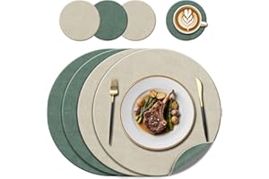 KERYCHIN Round Leather Placemats(38cm) and Coasters(10cm) Set of 4, Heat-Resistant 212°F Place Mats, Non-Slip ＆ Wipeable, Table Mats for Home, Hotel, Kitchen, Restaurant, Dining Table, (Green/Cream)