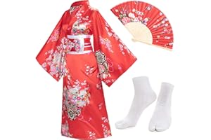 Elibelle Japanese Anime Women's Kimono Robe Geisha Yukata Sweet Dress Blossom Satin Bathrobe Sleepwear Fans Tabi Socks set