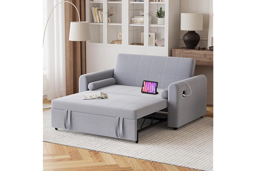 Hadibio Double Sofa Bed, Convertible Linen 2 Seater Sofa Bed with Storage Pockets, 3 Adjustable Backrest and USB & Type-C, 3-in-1 Pull Out Couch Bed for Living Room, Bedroom, Grey
