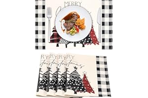 ETOLISHOP Set di 4 Tovagliette Americane Lavabili 45x32 Impermeabile Tovaglietta Albero di Natale Plaid Nero Tovagliette Resistenti al Calore Tovagliette Lavabili Tovagliette per Tavolo da Cucina Natale Cene