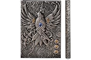 YHH Libretas Bonitas A5 Tapa Dura Vintage Cuero, Cuaderno Rayas Diario de Viaje, Hecho a mano, 200 páginas, Lined Journal Notebook Regalo Mujer Hombre Adulto Infantil, Fénix3D Plateado