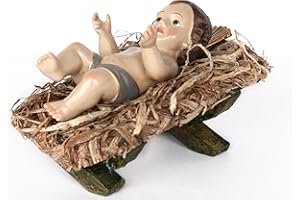 ELLUG Jesus Christkind Jesuskind Christuskind 12,5 * 5,5cm mit Heiligenschein auf Stroh in Holzkrippe 13x8 cm, lose