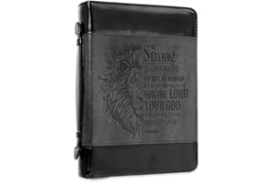 Christian Art Gifts Classic Faux Leather Bible Cover for Men and Women: Be Strong and Courageous - Joshua 1:9 Inspirational Bible Verse with Lion, Gray and Black, XL