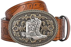 KorhLeoh Western Leather Cowboy Buckle Belt for Men Women Jeans Engraved Floral Longhorn Bull Texas Buckle Belt (33-41" waist)