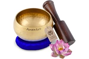 AVANDA Tibetisches Klangschale-Set für Yoga, Meditation und Entspannung - Gehämmerte tibetische Klangschale Ø 10 cm, Mangoholz-Schlägel und gelbes Ring-Kissen Blau