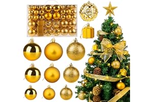 ilauke Zestaw 105 bombek choinkowych, tworzywo sztuczne, złote, odporne na pękanie, ze smyczą, dekoracja choinkowa, ozdoba bożonarodzeniowa do użytku wewnątrz i na zewnątrz, ozdoba choinkowa