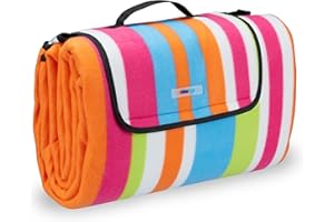 Relaxdays Picknickdecke XXL, 200x200 cm, Fleece Stranddecke, wärmeisoliert, wasserdicht, mit Tragegriff, bunt gestreift