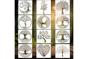 REEKNOKOL Stencil Albero, 12 Pezzi Riutilizzabili per Artigianato con Anello Rotondo - Albero della Vita per Pittura Fai da Te, Arte, Scrapbook e Decorazione da Parete