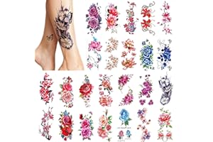PHOGARY 24 pezzi Tatuaggi Temporanei per Donne (Fiori grandi), Adesivi per Tatuaggi Finti Colorati Luminosi, Body art Impermeabile per Ragazze Braccia Gambe Spalle