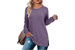 Aokosor Long Sleeve Tops Women Lightweight Jumpers Ladies Button Side Splits Tunic