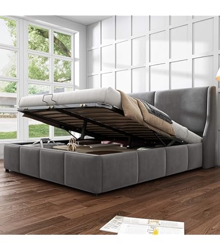 HYUB Gestoffeerd bed 140 x 200 cm, met lattenbodem, fluweel gevoerd tweepersoonsbed met verstelbaar hoofdeinde en grote lade, bedframe voor volwassenen en jongeren, grijs (zonder matras
