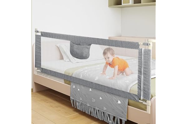 Willonin Barrière de lit de 180cm, Protection Contre Les Chutes, Réglable en Hauteur 70-105 cm, Barrière de lit pour Tout-Petits, Barrière de lit avec Filet aéré,Facile à Monter (180cm,Gris)