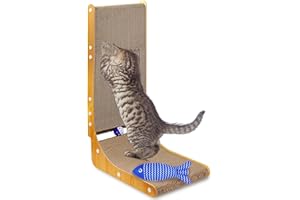 BIBOKLTIY Rascador para Gatos Grandes en Forma de L, 68cm de Altura Rascador de Gatos con Bola de Campana, Rascador de Pared para Gatos con Pescado de Hierba Gatera para Gatos, Rascador de Cartón para Gatos
