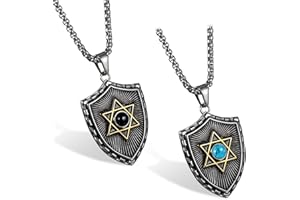 JewelryWe Big Shield Pendants Necklaces for Men Women Stainless Steel Punk Hexagram Blue/Black Crystal Pendant