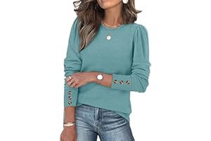 Aokosor Ladies Tops Jumpers for Women UK Crew Neck Sweatshirt Casual Puff Sleeve Shirts Tops with Buttons