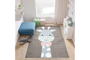 TAPISO Baby Tappeto Gioco Bambini Sala Giochi Cameretta Bambini Ragazzi Camera Morbido Motivo Astratto Animale Giraffa Blu Multicolore Sfondo Taupe Pelo Corto 80 x 150 cm