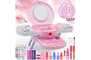 AMERRLY Kids Makeup Sets for Girls - 66 PCS Dresser Vanity Case Make Up Set for Girls Childrens Toddler, Washable and Safe Pretend Play Games Toys Makeup kids, Christmas Birthday Presents for 3+ Year Old Girl