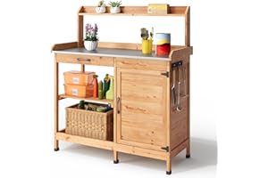 Blishom Tavolo da Giardinaggio,Tavolo per Piante,Tavolo Lavoro da Giardino in Legno Massello con Piano Lavoro, Ripiano Regolabile e Armadietto, Balcone, Terrazzo 112x46x125 cm Natural