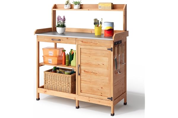 Blishom Table de Jardinage, Table de Plantation avec Tiroirs et Meuble Bas, Table de Travail de Jardin en Bois avec Plan de Travail Galvanisé, pour Jardin, Balcon, Terrasse, 112x46x125 cm, Naturel