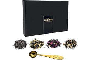CAMELLIOS Tea Sampler Gift Set with Measuring Spoon – 4 Premium Loose Leaf Blends (4 × 25g, 40+ Cups) in Luxury Gift Box – English Breakfast, Earl Grey, Spiced Apple Chai & Jasmine Mint Green Tea