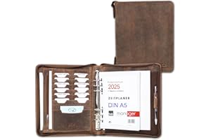 ALMADIH Agenda in pelle A5 con cerniera Portadocumenti Calendario 2024 Marrone Vintage Cartella Portablocco Organizer Porta Documenti Conferenza Anelli + Block Notes Cartellina Organizzatore