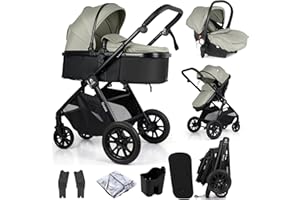 For Your Little One Cruise 3-in-1 Travel System with i-Size Car Seat, Stroller with Carrycot, 13kg Pram, Height Adjustable Handle, Pram, Newborn 0-4 Years Free Raincover and Cupholder (Pebble Sage)