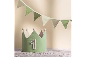 LG LITTLE GOODS Little Goods Geburtstagskrone inkl. Girlande (Krone und Wimpelkette) für Kinder - wendbare Musselin-Stoffkrone mit Zahlen 0-9 für Jungen, Mädchen in Pastell - Beige und warmen Tönen