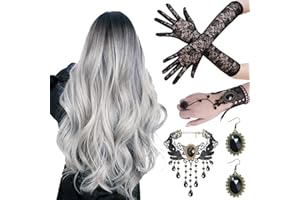 SHENGRUILI Halloween Perücke Damen,Frauen Perücke Mit Gotisch Halskette Armbänder Ohrringe,Lace Handschuhe,Grey Wig Lang Haar Gelockt,Perücke Frauen Kostüm Halloween für Halloween Karneval Cosplay Kostüm Party