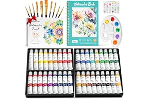 Nicpro Kit Pintura Acuarelas 36 Colores, Tubos De Acuarela de 12 ml con 10 Pinceles, 25 Hojas De Libro De Papel de Acuarela, Paleta, Juego de Acuarelas para Artistas Principiantes