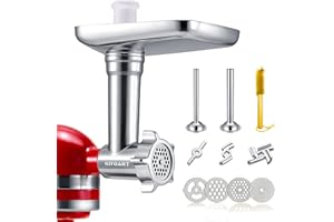 KITOART Metall-Lebensmittelmühle-Aufsätze für KitchenAid-Standmixer, Fleischwolf, Wurstfüller, perfekte Befestigung für KitchenAid-Mixer, silber (Maschine/Mixer nicht im Lieferumfang enthalten