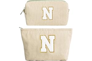 HAMATATA Kosmetiktasche für Mädchen, Beige Initialen Make-up-Tasche, Reiseutensilien Kulturtasche, Cord-Schminktasche Damen Gross, Weihnachten Geburtstag Geschenke für Frauen Mädchen Freundin Tochter N