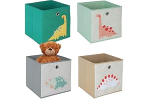 Relaxdays 4-pack lådor för barn, söta dinosauriemotiv, färgglada