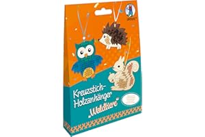 Ursus 21440003 - Kreuzstich Waldtiere, Bastel-Set für Kinder mit 3 Holz-Anhängern, Stickgarn, Sticknadeln, Deko-Material und Anleitung, bunt
